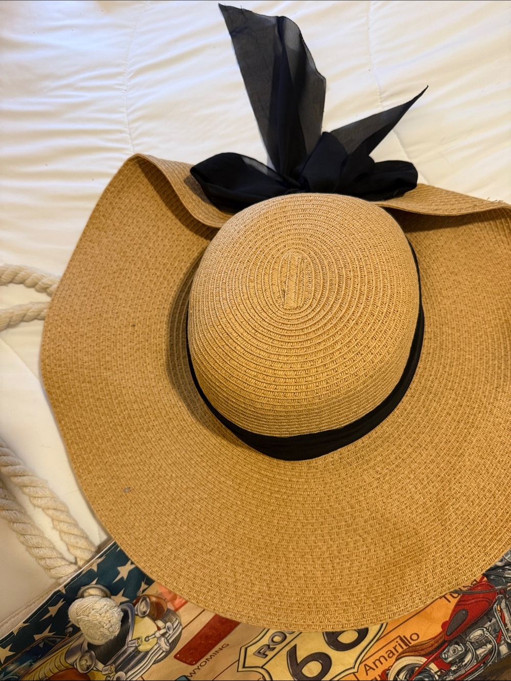 west loop Tan Wide-Brim Straw Sun Hat with Black Bow